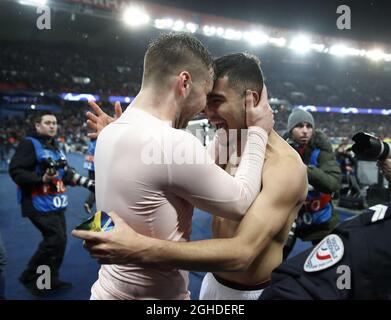 Andreas Pereira de Manchester United fête avec Luke Shaw lors du match de la manche des seize de la Ligue des champions de l'UEFA au Parc des Princes Stadium, à Paris. Date de la photo: 6 mars 2019. Le crédit photo doit être lu : David Klein/Sportimage via PA Images Banque D'Images