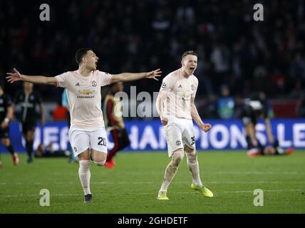 Scott McTominay, de Manchester United, célèbre lors du coup de sifflet final lors du match de la Ligue des champions de l'UEFA lors du tournoi de seize matchs au Parc des Princes Stadium, à Paris. Date de la photo: 6 mars 2019. Le crédit photo doit être lu : David Klein/Sportimage via PA Images Banque D'Images