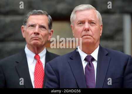 KIEV, UKRAINE - 06 SEPTEMBRE 2021 - le sénateur américain Lindsey Graham est photographié lors de la réunion d'information qui suit la réunion avec le président ukrainien Volodymyr Zelenskyy, Kiev, capitale de l'Ukraine crédit: UKRINFORM/Alay Live News Banque D'Images