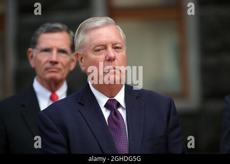 KIEV, UKRAINE - 06 SEPTEMBRE 2021 - le sénateur américain Lindsey Graham est photographié lors de la réunion d'information qui suit la réunion avec le président ukrainien Volodymyr Zelenskyy, Kiev, capitale de l'Ukraine crédit: UKRINFORM/Alay Live News Banque D'Images