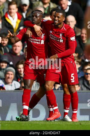 Sadio Mane de Liverpool (L) célèbre le premier but avec Georgina Wijnaldum de Liverpool lors du match de la Premier League au stade Craven Cottage, à Londres. Date de la photo : 17 mars 2019. Le crédit photo doit se lire comme suit : Craig Mercer/Sportimage via PA Images Banque D'Images