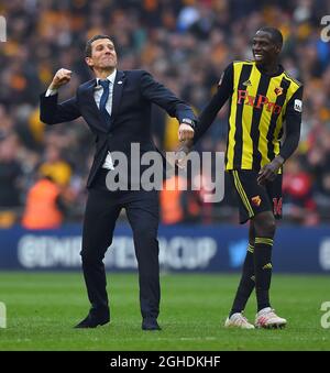 Javi Gracia, directeur de Watford, célèbre à la fin du demi-finale de la coupe FA, au stade Wembley, à Londres. Date de la photo : 7 avril 2019. Le crédit photo doit être lu : Robin Parker/Sportimage via PA Images Banque D'Images