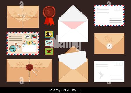 Collection de différentes enveloppes ouvertes et fermées avec timbres-poste et sceau de cire Illustration de Vecteur