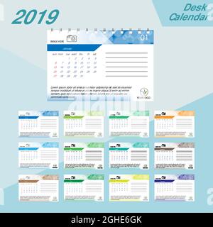 Calendrier du bureau 2019.Simple coloré dégradé minimal élégant modèle de calendrier de bureau sur fond blanc. Illustration de Vecteur