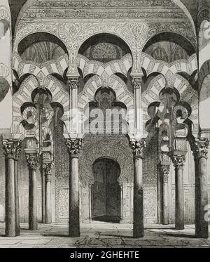 Espagne, Andalousie, Cordoue. Grande mosquée de Cordoue ou cathédrale notre-Dame de l'Assomption. Intérieur. Arches lobées dans l'antichambre du Mihrab. Gravure. Las Glorias Nacionales. Volume III, édition Madrid-Barcelone, 1853. Banque D'Images