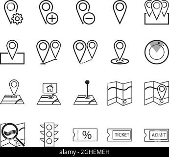 Navigation, direction, cartes, trafic et plus encore, jeu d'icônes de ligne fine, illustration vectorielle. Illustration de Vecteur