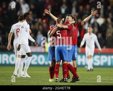 Les joueurs de la République tchèque célèbrent leur victoire lors du match de qualification de l'UEFA Euro 2020 au stade Sinobo à Prague. Date de la photo : 11 octobre 2019. Le crédit photo doit être lu : David Klein/Sportimage via PA Images Banque D'Images