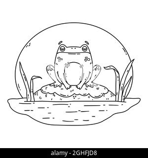 Une grenouille dans un marais. Le crapaud est assis sur un rocher. Joli personnage plat dessiné à la main. Illustration vectorielle isolée sur fond blanc. Page de coloriage. Illustration de Vecteur