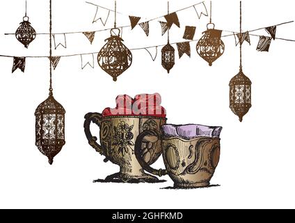 Ramadan Kareem Iftar fête célébration, dessin à la main esquisse illustration du vecteur. Illustration de Vecteur