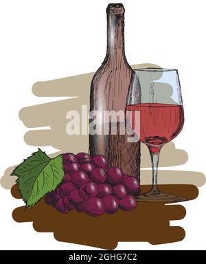 Un ensemble de vin.Un verre, une bouteille et un bouquet de raisins Vintage dessin à la main dessin vectoriel illustration. Illustration de Vecteur