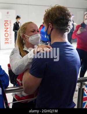 Laura Sugar en Grande-Bretagne arrive à l'aéroport de Heathrow à Londres après les Jeux paralympiques de Tokyo en 2020. Date de la photo: Lundi 6 septembre 2021. Banque D'Images