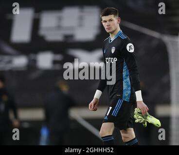 Illan Meslier de Leeds United lord a été abattu alors qu'il se lança après que le but des loups ait rebondi dans son filet pendant le match de la Premier League à Molineux, Wolverhampton. Date de la photo : 19 février 2021. Le crédit photo doit être lu : Darren Staples/Sportimage via PA Images Banque D'Images