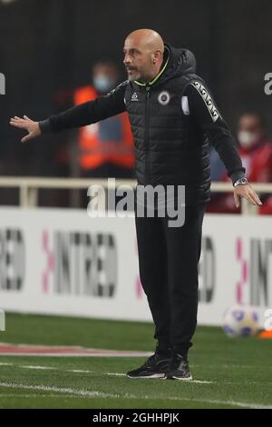 Vincenzo Italiano l'entraîneur-chef de Spezia Calcio réagit sur la ligne de contact pendant le match de la série A au stade Gewiss de Bergame. Date de la photo : 12 mars 2021. Le crédit photo doit être lu : Jonathan Moscrop/Sportimage via PA Images Banque D'Images