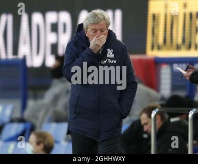 Liverpool, Royaume-Uni, 5 avril 2021. Soulagement pour Roy Hodgson directeur de Crystal Palace pendant le match de Premier League à Goodison Park, Liverpool. Date de la photo : 5 avril 2021. Le crédit photo doit être lu : Darren Staples/Sportimage via PA Images Banque D'Images