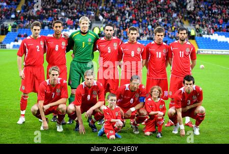 Groupe de l'équipe nationale galloise rangée arrière gauche à droite : Sam Ricketts, Lewin Nyatanga, Wayne Hennessey, Craig Morgan, Ched Evans, Aaron Ramsey et Joe Ledley..première rangée à partir de la gauche : David Edwards, Simon Church, Ashley Williams et Gareth Bale lors du match international amical entre le pays de Galles et l'Écosse au Cardiff City Stadium, pays de Galles. Banque D'Images