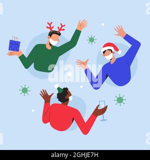 Fête de Noël en ligne, appel vidéo, amis célébrant le nouvel an pendant une pandémie de covid portant des masques faciaux, en utilisant la vidéoconférence, illustration vectorielle Illustration de Vecteur