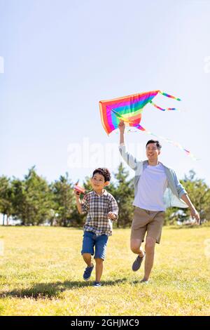 Un père et un fils heureux qui s'exécutent avec du cerf-volant dans la prairie Banque D'Images