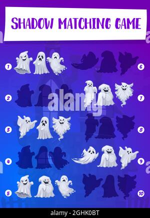 Halloween jeu de fantôme ombre assorti modèle vectoriel de l'éducation des enfants. Puzzle pour enfants avec la tâche de trouver, d'associer et de connecter les silhouettes correctes de Illustration de Vecteur