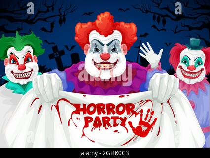 Halloween horreur partie vecteur invitation avec des personnages effrayants clown. Clown effrayant ou blaker cirque monstres et zombies avec des visages créepy, vampire tee Illustration de Vecteur