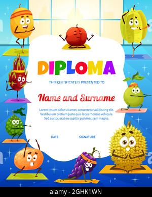 Caricature personnages drôles de fruits sur la forme physique de yoga. Certificat de vecteur de diplôme pour enfants avec de mignons poires, raisins, prune et melon avec traini durien et bergamote Illustration de Vecteur