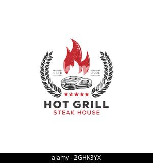 Hot grill steak House vintage logo designs, viande restaurant rustique illustration vectorielle Illustration de Vecteur