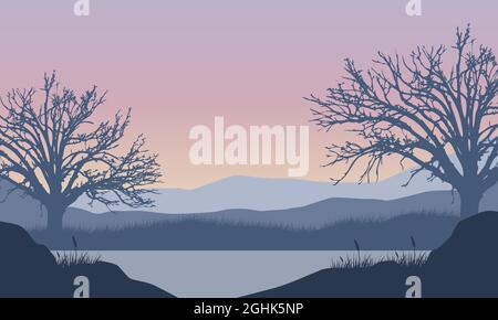 La vue fantastique sur les montagnes le matin depuis la rive avec la silhouette d'arbres secs autour. Illustration vectorielle d'une ville Illustration de Vecteur
