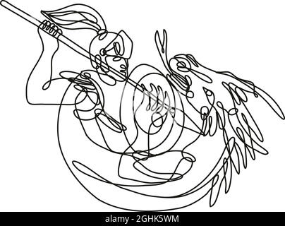 Dessin de ligne continue illustration du chevalier avec lance et bouclier combat dragon fait en ligne mono ou doodle style en noir et blanc sur isolé Illustration de Vecteur