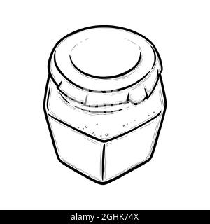 Esquisse de pot en verre. Bol hexagonal vide pour les conserves de cornichons, de miel ou de confiture. Illustration vectorielle dessinée à la main isolée sur fond blanc Illustration de Vecteur