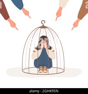 Fille enfermée dans la cage. Doigts pointant sur une triste femme musulmane. Adolescent déprimé dans hijab embrassant les genoux et pleurant. Intimidation scolaire. Mouvement d'autonomisation Illustration de Vecteur