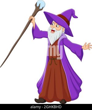 Caricature vieux sorcier holding magic stick Illustration de Vecteur