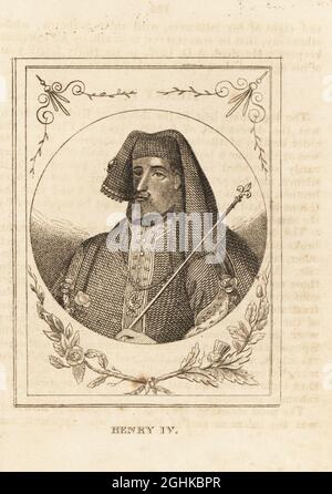 Portrait du roi Henri IV d'Angleterre, 1367-1413. Dans un chapeau orné de bijoux, manteau doublé d'une hermine, tenant un sceptre. Gravure sur plaque de coperplate de l'histoire de l'Angleterre de M. A. Jones de Julius Caesar à George IV, G. Virtue, 26 Ivy Lane, Londres, 1836. Banque D'Images