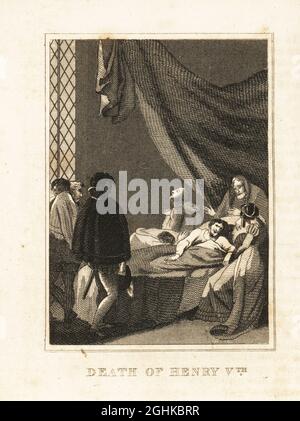 Roi Henri V d'Angleterre mourant de la distempère au lit entouré par des médecins français dans le château de Vincennes, France, 1422. Mort du roi Henry Vth. Gravure sur plaque de coperplate de l'histoire de l'Angleterre de M. A. Jones de Julius Caesar à George IV, G. Virtue, 26 Ivy Lane, Londres, 1836. Banque D'Images