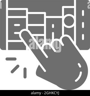 Main avec téléphone mobile, l'homme choisit e-book, e-library icône grise. Illustration de Vecteur