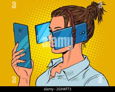 Femme en réalité virtuelle, smartphones. Dépendance à l'égard des gadgets électroniques Illustration de Vecteur