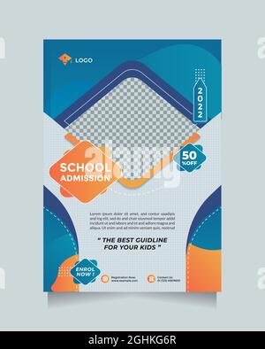 Modèle de création de prospectus et de brochure pour l'admission à l'enseignement scolaire. Vecteur de conception orange bleu avec Espace réservé à l'image Illustration de Vecteur