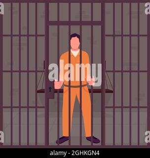 Homme prisonnier en prison semi-plat couleur vecteur caractère Illustration de Vecteur