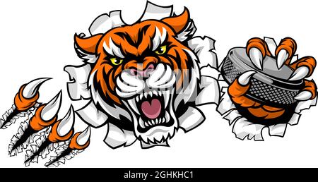 Joueur de Hockey sur glace tigre Mascotte Sports Animaux Illustration de Vecteur