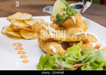 poisson et frites avec salade verte délicieux plat principal Banque D'Images