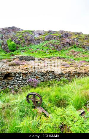 Vestiges anciens d'un téléphérique de mine de cuivre utilisé pour transporter le minerai de cuivre le long de la piste jusqu'au sommet de Mynydd Sygyn, Snowdonia, pays de Galles, Royaume-Uni Banque D'Images