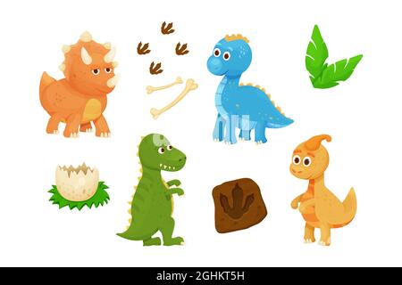 Placez les petits dinosaures avec un œuf de dino, une empreinte, des feuilles jurassiques et des os dans une décoration puérile de style dessin animé isolée sur fond blanc. Ancien Illustration de Vecteur