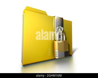 Dossier de documents protégé par un cadenas. Illustration 3D sur fond blanc, masque inclus. Banque D'Images