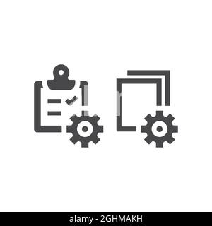 Presse-papiers et icône de vecteur noir d'engrenage. Symbole roue dentée de traitement de document. Illustration de Vecteur