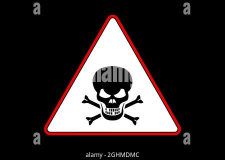 Signe de danger mortel sous la forme d'un crâne dans un triangle sur fond noir Banque D'Images