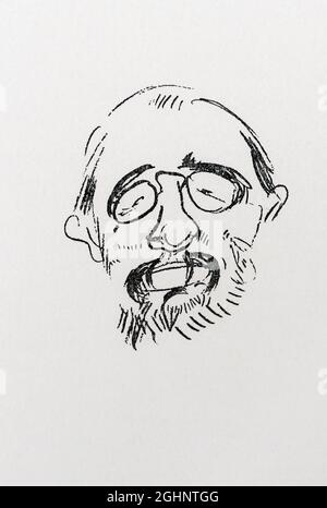 Caricature ludique autoportrait d'Henri Toulouse-Lautrec, 1864 - 1901, artiste postimpressionniste français. Banque D'Images