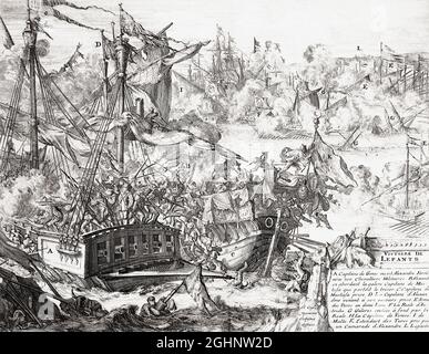 La bataille de Lepanto, le 7 octobre 1571, lorsque la flotte de la Sainte Ligue, une coalition d'Etats catholiques, a vaincu de manière décisive la flotte de l'Empire ottoman. Après un travail de la fin du XVIIe siècle. Banque D'Images