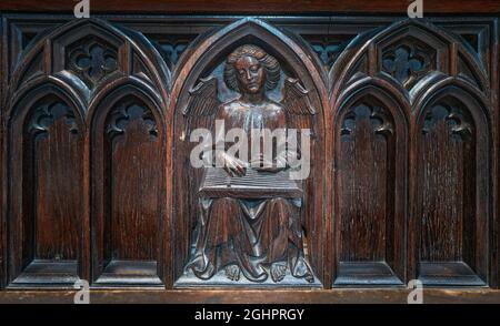 Panneau en bois sculpté (d'un ange jouant un instrument de musique) sur une cabine dans le choeur de la cathédrale de Lincoln, en Angleterre. Banque D'Images