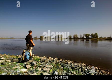 Randonneur, homme avec sac à dos sur l'Elbe près de Schnackenburg, plaine d'inondation d'Elbe, plaine d'inondation entre la rivière et la digue, sentier de vélo d'Elbe, ceinture verte, frontière d'Elbe Banque D'Images