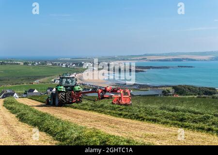 Garretstown, WestcCork, Irlande. , . Michael Roche, producteur de viande bovine et laitière, a profité pleinement du beau temps aujourd'hui en coupant l'ensilage, sa deuxième coupe de l'année. Avec Garretstown Beach en arrière-plan, Michael a utilisé un tracteur Deutz-Fahr TTV 630 et des tondeuses avant et arrière Kvernland. Crédit : AG News/Alay Live News Banque D'Images