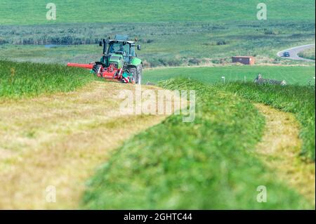 Garretstown, WestcCork, Irlande. , . Michael Roche, producteur de viande bovine et laitière, a profité pleinement du beau temps aujourd'hui en coupant l'ensilage, sa deuxième coupe de l'année. Avec Garretstown Beach en arrière-plan, Michael a utilisé un tracteur Deutz-Fahr TTV 630 et des tondeuses avant et arrière Kvernland. Crédit : AG News/Alay Live News Banque D'Images