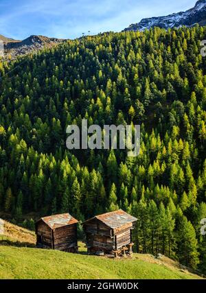 Vieilles granges traditionnelles dans un village des Alpes suisses Banque D'Images